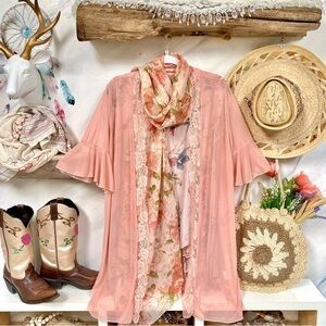 Sheer coral Pink duster/cover up w lace raffled sleeves resort vacay beach vibe